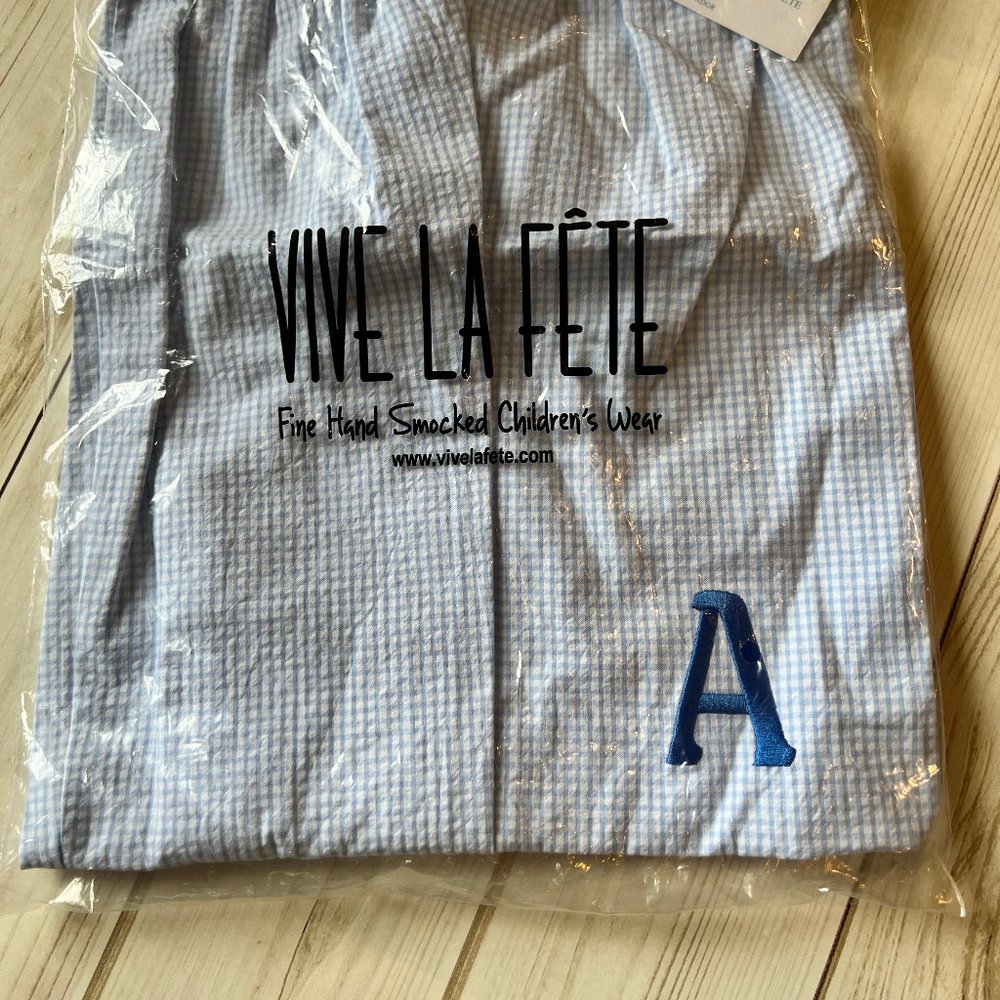 Vive Le Fete Seersucker Shorts, Monogrammed "A"